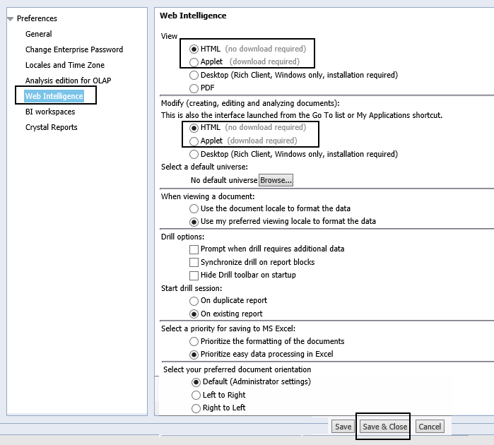 Set Preferences Web Intelligence graphic