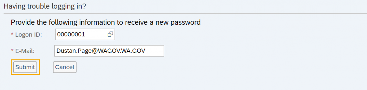 Screen with title "Having trouble logging in?" with mock up data in Logon ID and Email fields and the submit button highlighted