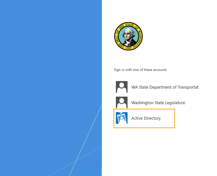 Screen is displayed prompting user to sign in with one of these accounts. Active Directory is selected.