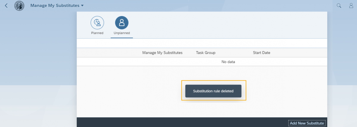 Manage My Substitutes window with substitution rule created message