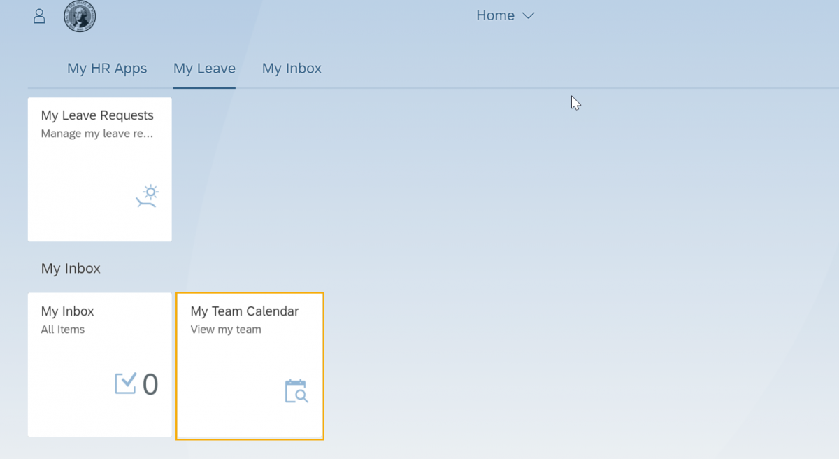 Home page with My Team Calendar tile highlighted