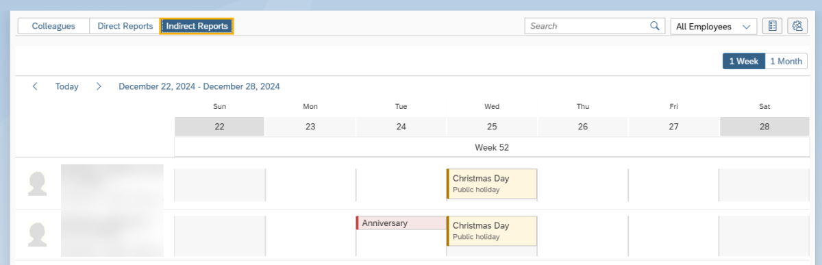 My Team Calendar window with Direct Reports tab selected,