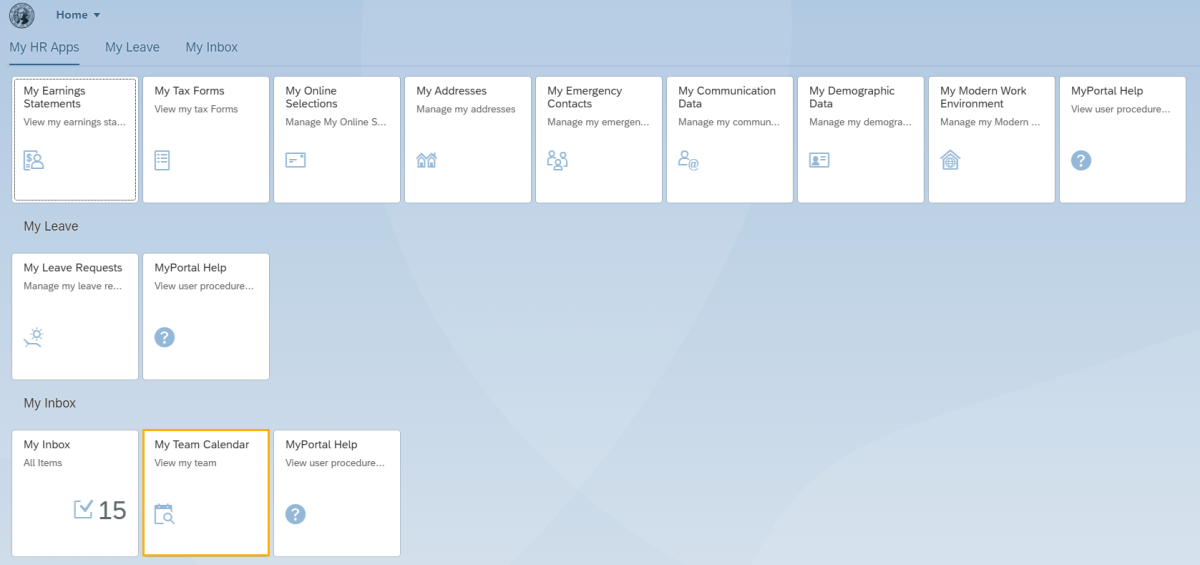 Home page with My Team Calendar tile highlighted