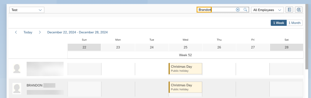 My Team Calendar window with Test tab selected and Search box highlighted.