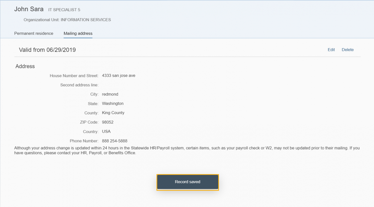 Mailing address page displayed with address form filled out and record saved button highlighted below