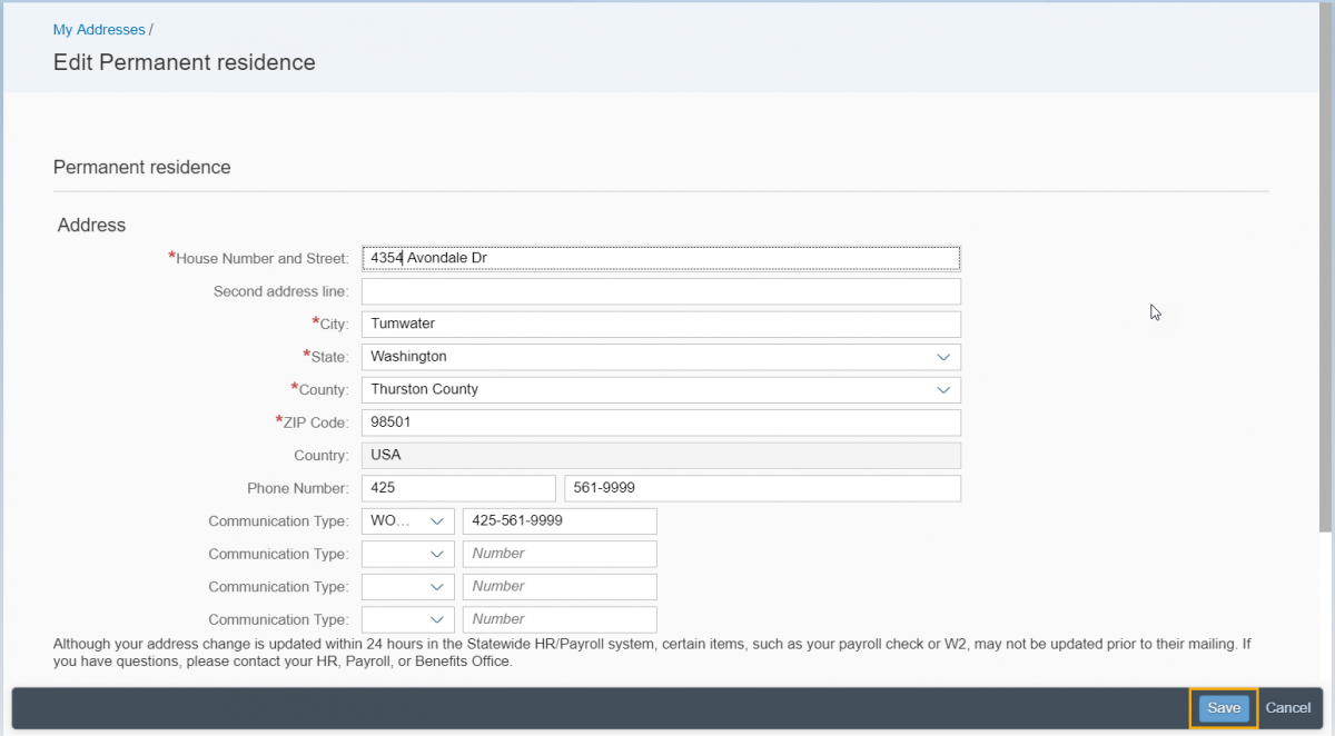 Edit permanent residence screen is displayed with address form information entered.