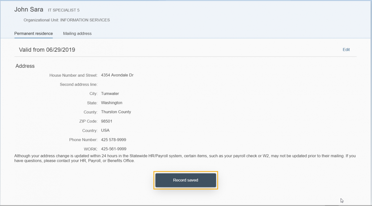 Permanent residence tab is displayed with Address form filled out and a Record saved button highlighted