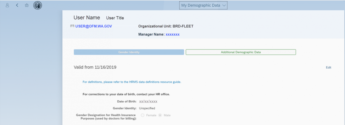 My Demographic Data window with My Gender Identity tab highlighted