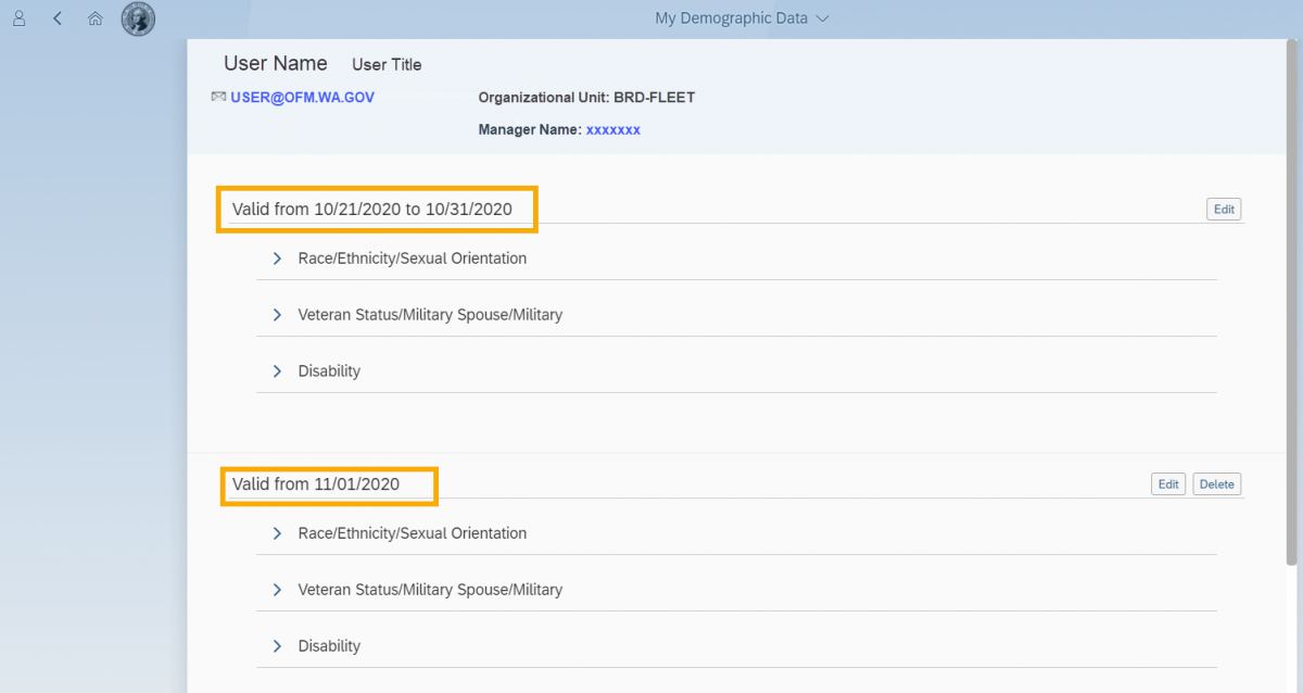 Edit Additional Demographic Data screen with two Validity Period dates highlighted