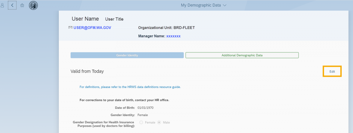 My Demographic Data window with Edit button highlighted