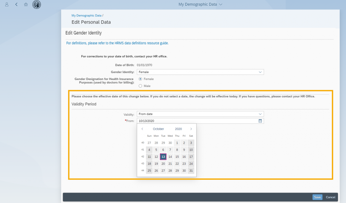 Edit Gender Identity screen with Validity Period section highlighted