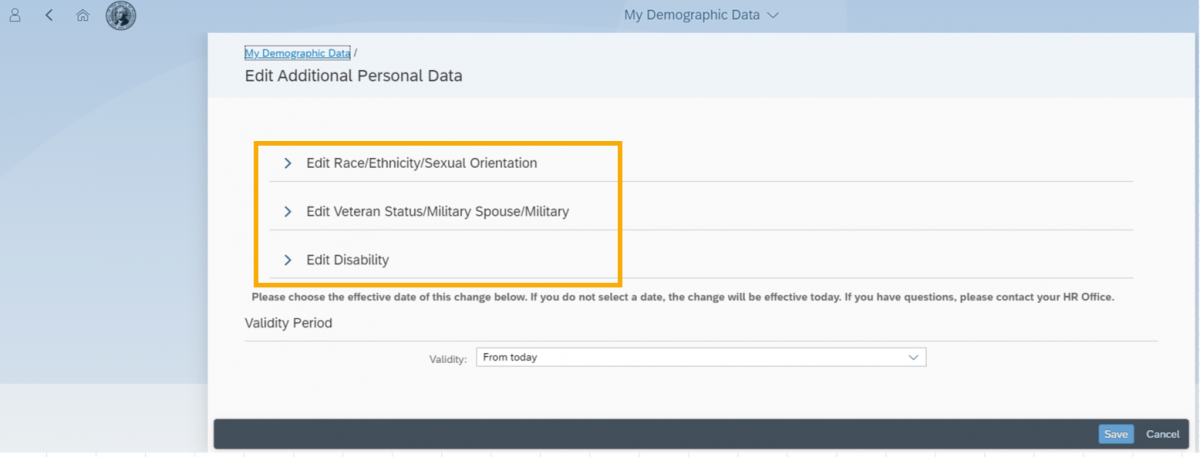 Additional Demographic Data screen with three demographic section titles highlighted