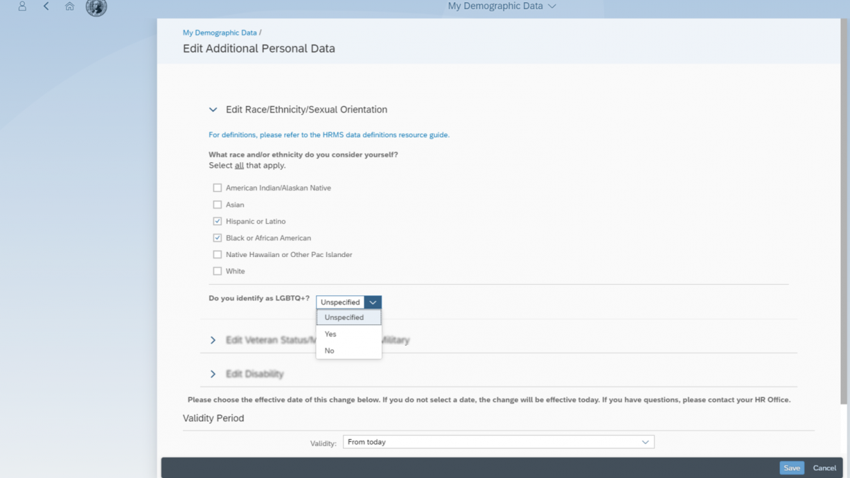 Edit Additional Demographic Data screen with Edit Race/Ethnicity/Sexual Orientation section expanded