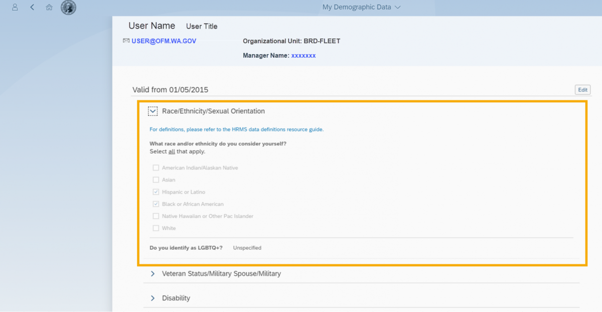 Additional Demographic Data screen with Race, Ethnicity and Sexual Orientation section highlighted