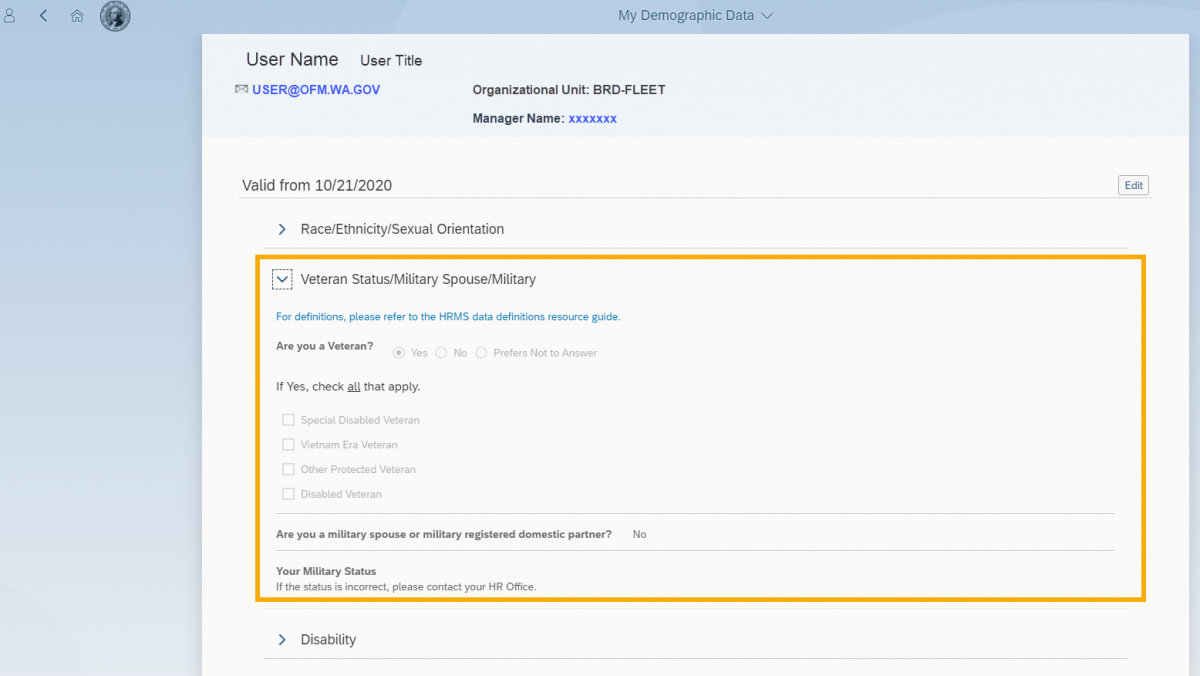 Additional Demographic Data screen with Veteran Status/Military Spouse/Military section highlighted
