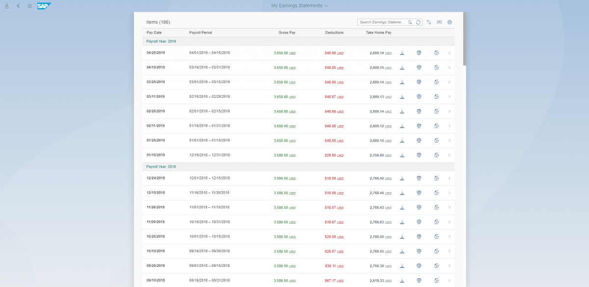 List of earnings statements is displayed, sorted by pay date.