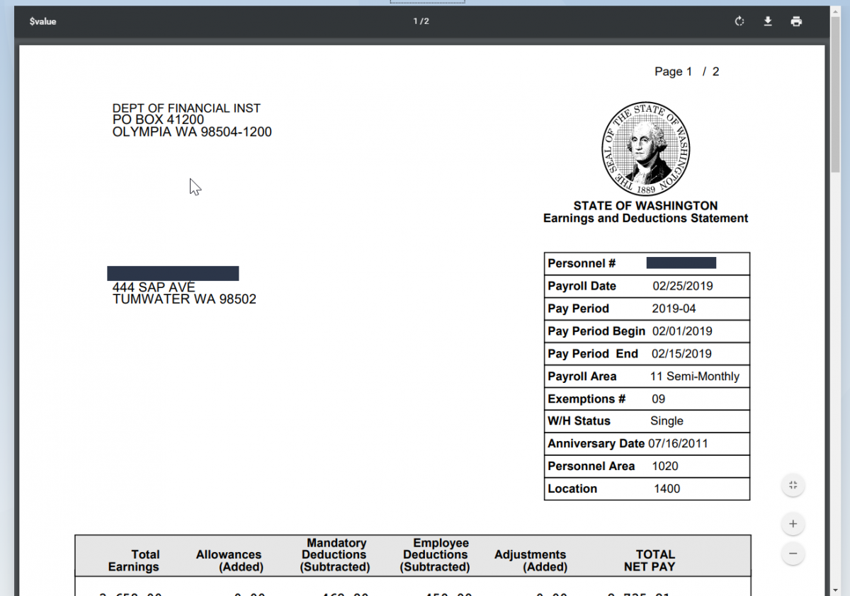 Example earning statement is displayed.