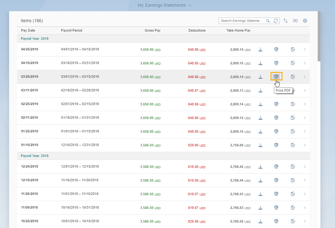 List of Earnings Statements is displayed with print PDF icon selected.