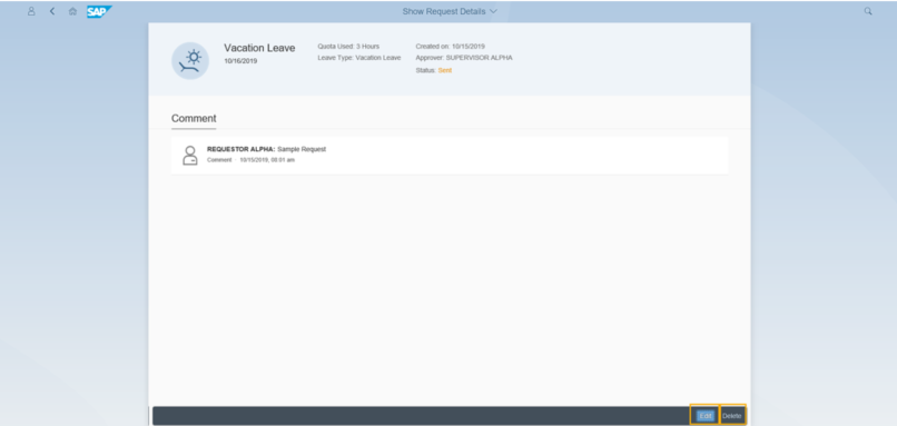 Show Request Details window opened with Edit and Delete icons highlighted in the comment section