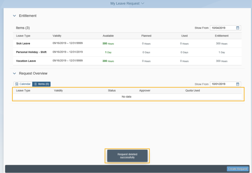 My Leave Request window opened with empty row on Request Overview section and Request deleted successfully message highlighted  