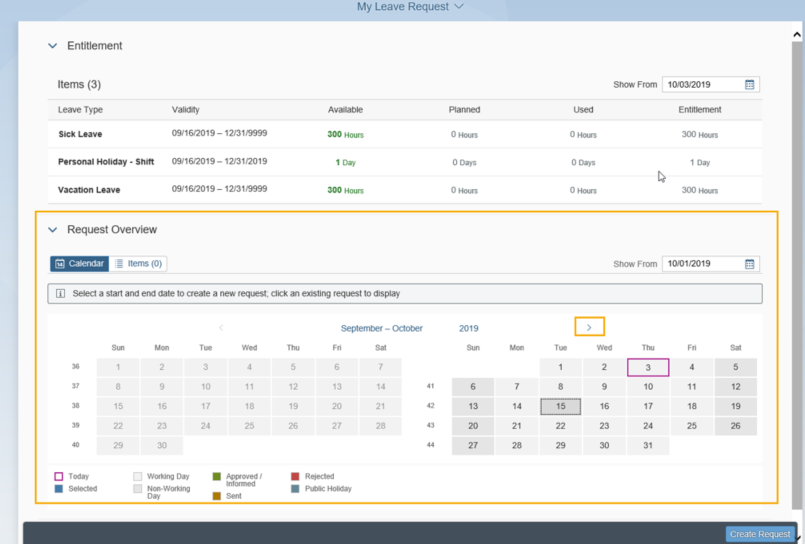 My Leave Requests page is displayed with the Calendar in the Request Overview section is expanded and highlighted, the start and end dates are highlighted.