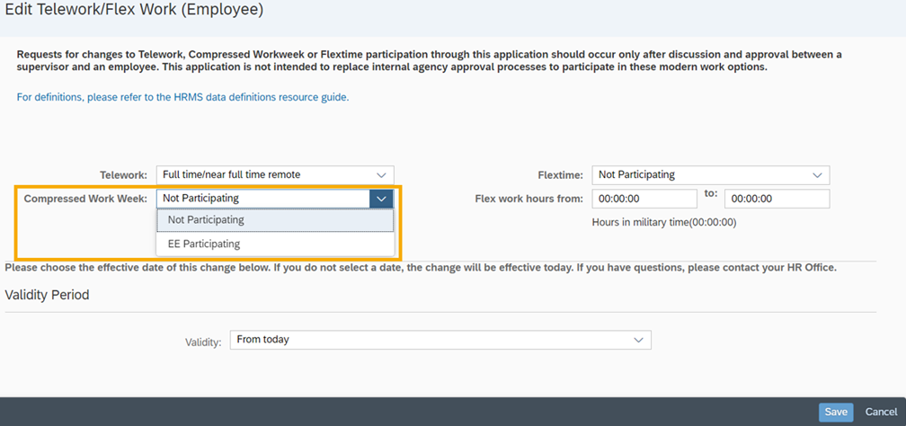 Edit modern work environment data page with section to edit telework (select schedule), compressed work week (select option), flextime (select option), flex work hours from/to (input hours in military time) 