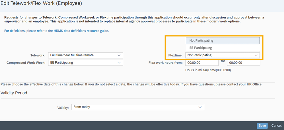 Edit modern work environment data page with section to edit telework (select schedule), compressed work week (select option), flextime (select option), flex work hours from/to (input hours in military time) 