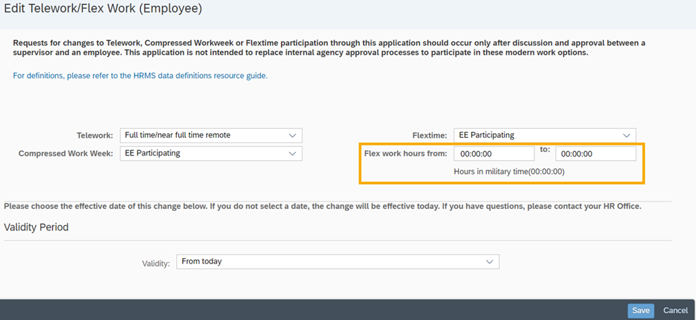 Edit modern work environment data page with section to edit telework (select schedule), compressed work week (select option), flextime (select option), flex work hours from/to (input hours in military time) 