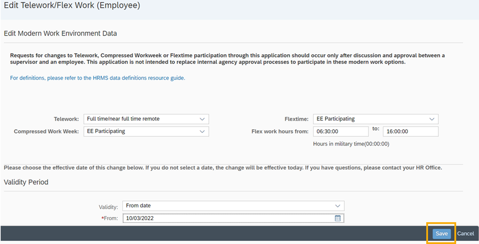 Edit modern work environment data page with option to save or cancel located in lower right corner