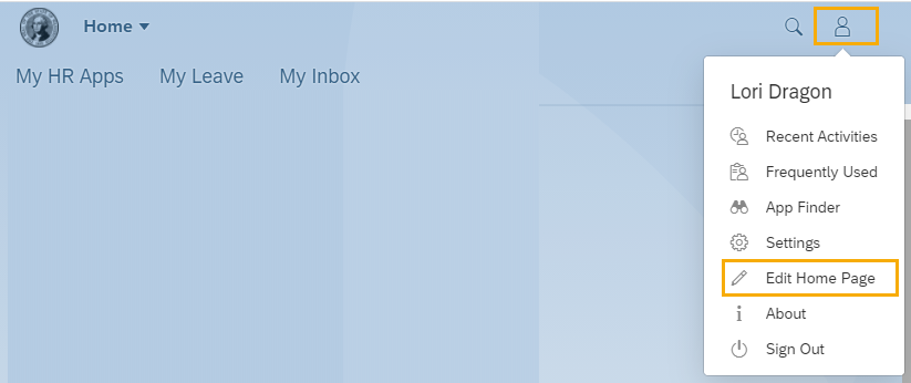 Home page with Profile dropdown menu, Edit Home Page icon highlighted