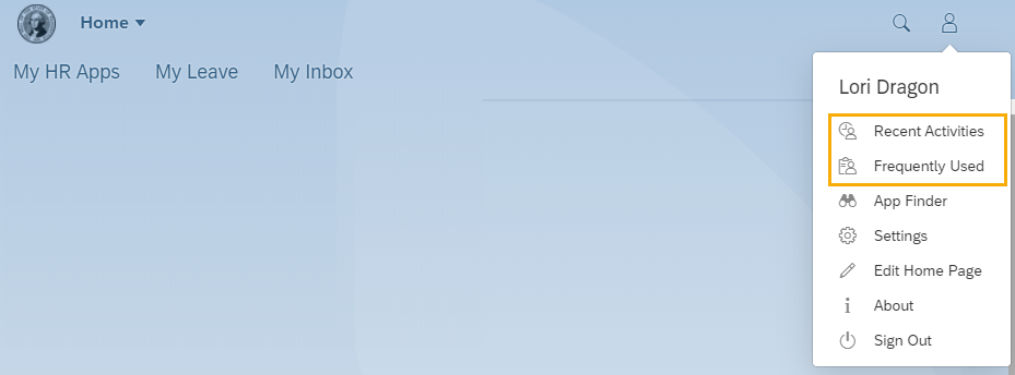 Profile dropdown menu with Recent Activities and Frequently Used icons highlighted