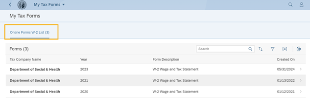 Screen shot of Online Forms W-2 with  Online Forms W-2 highlighted