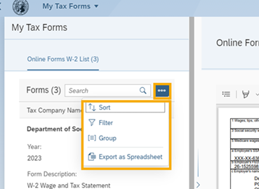 My Tax Form screen with sort and filter tools highlighted