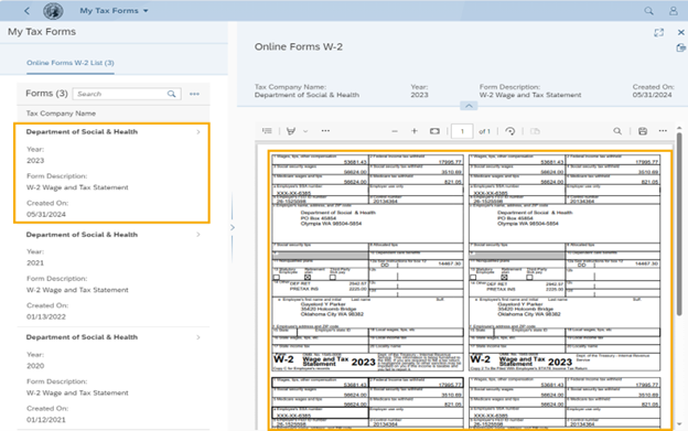 My Tax Form screen with one Tax Company Name and the W-2 form highlighted 