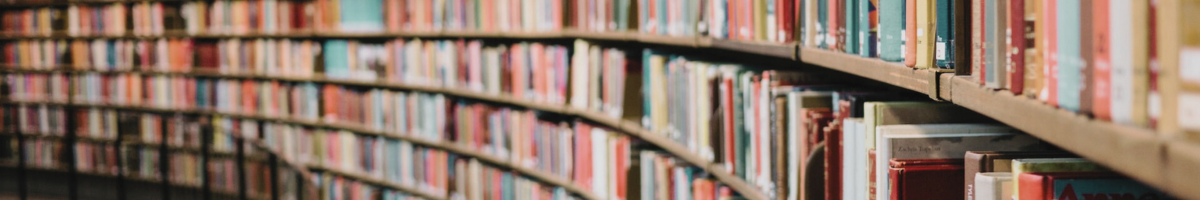 Decorative image showing shelves of books in a library.